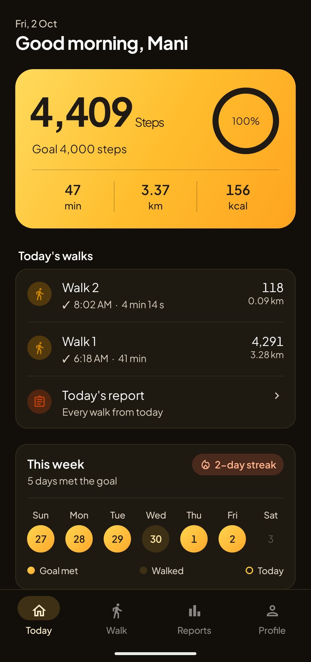 The Today screen with the dark theme: 4,409 steps against a goal of 4,000, with two walks saved