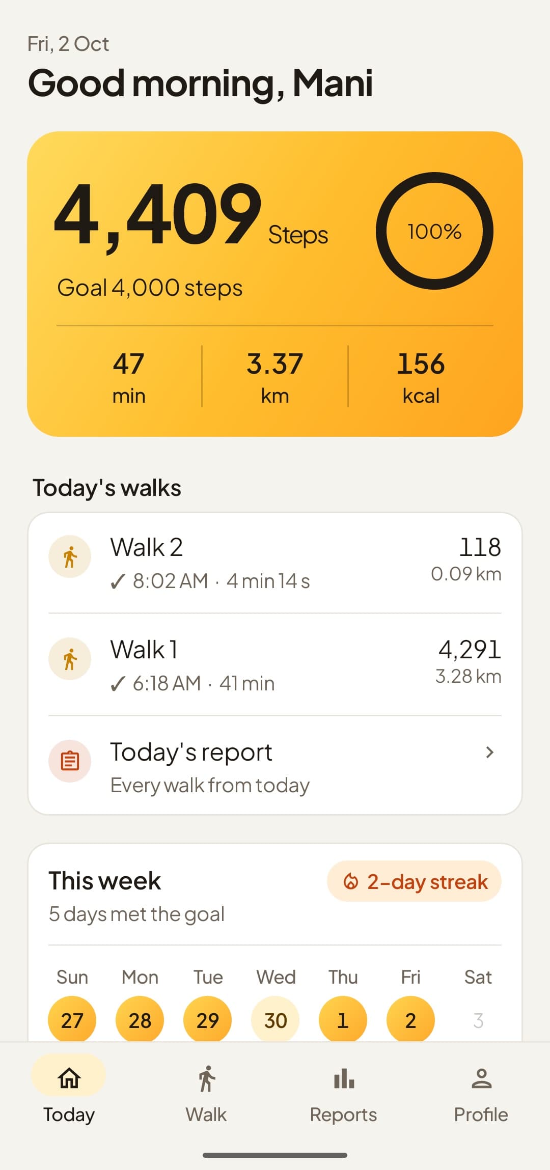 The Today screen with Large text: 4,409 steps against a goal of 4,000, with two walks saved