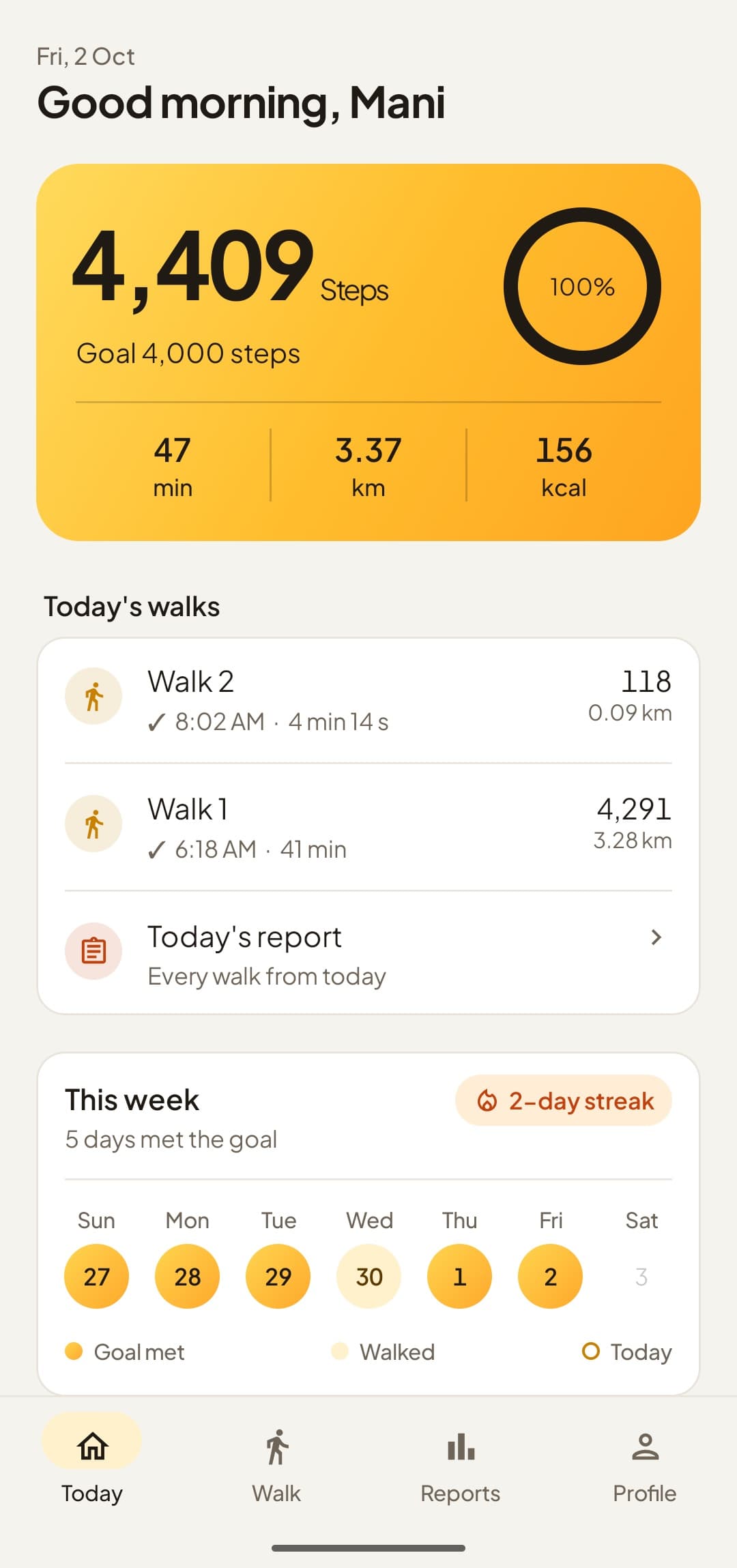 Nivio Today screen: 4,409 steps against a goal of 4,000, with two walks saved this morning